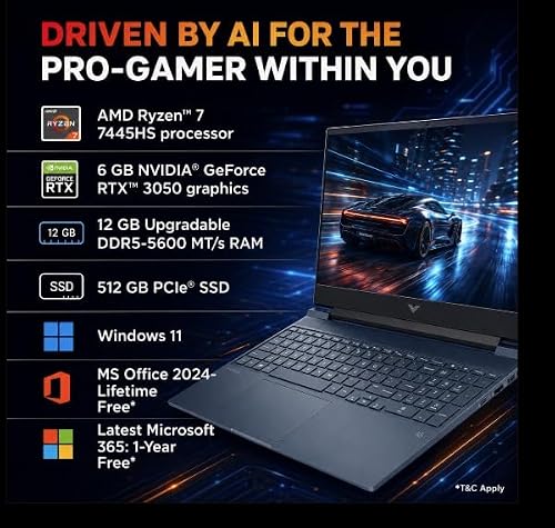 HP Victus 15 Gaming Laptop AMD Ryzen R7-7445HS,12 GB DDR 5 RAM (UPGRADABLE),512GB SSD,6 GB RTX 3050,Win11, M365* Office24,144Hz,300 NITS,15.6'',Blue,FB3359AX AI Gaming Laptop