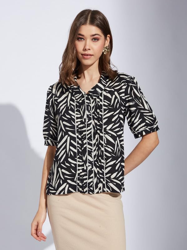 Latin Quarters Women Black Collar Neck Half Sleeve Printed Shirt Blouse_S