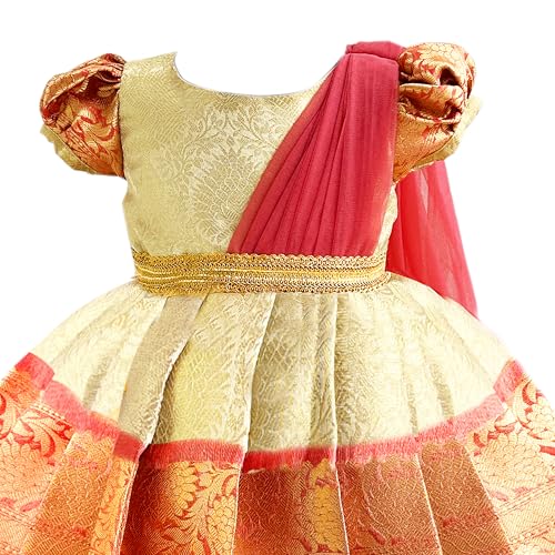 Stanwells Kids Gold & Peach Banarasi Silk Saree Frock for Baby Girls – Ethnic Wear for Festivals, Weddings & Birthday Parties (1-2 Years)