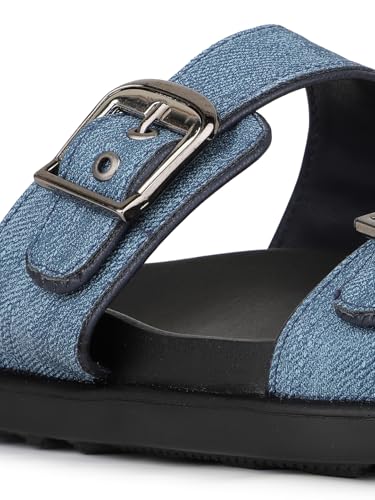 Womens Blue Casual Solid Open Toe Flat Slip-On Sandals