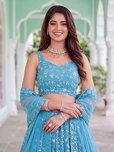 Zeel Clothing Women's Zari and Sequins Embroidered Georgette Lehenga Choli With Dupatta (5058-SkyBlue-Women-Latest-Lehenga-Choli, Free size)