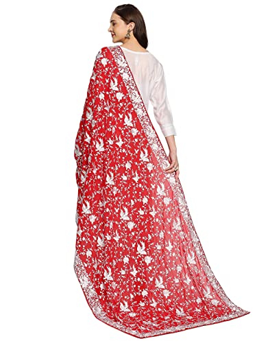 DUPATTA BAZAAR Women's Red Embroidered Parsi Gara Georgette White Thread Work Dupatta, free size