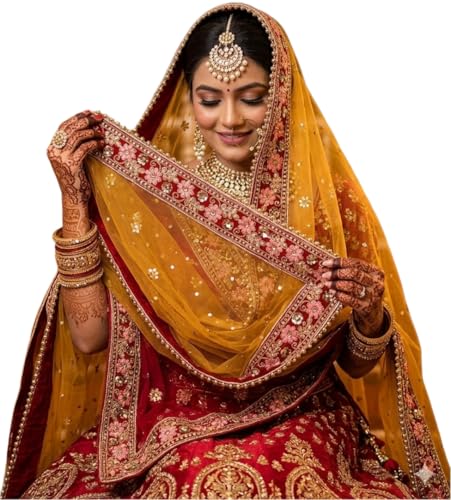 Navti Creations Women's Heavy Net Dupatta With Multicolored Embroidery Border(Full Stone Work, 2.25m) (Mustard-Red)