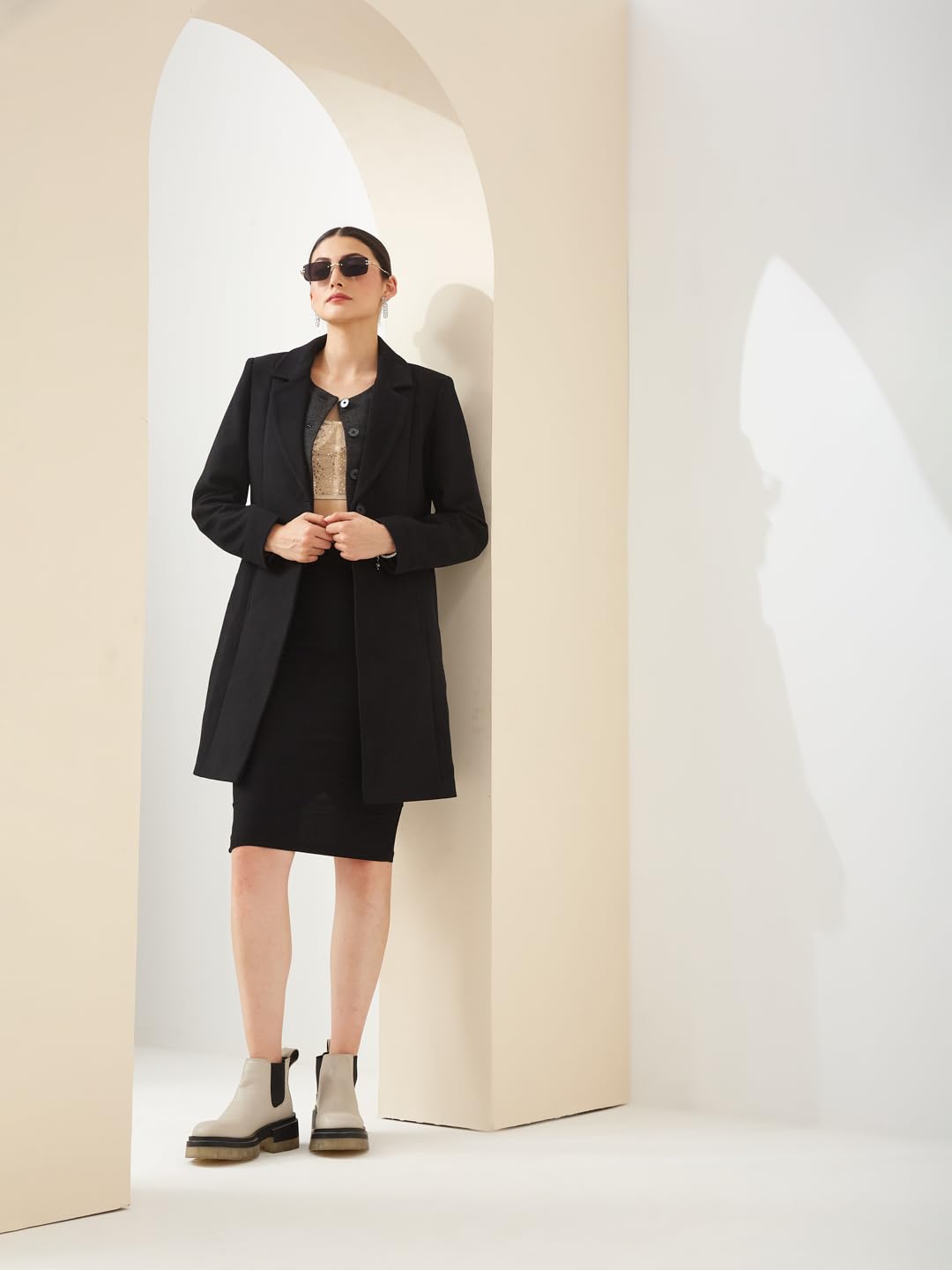 Latin Quarters Women Black Collared Full Sleeves Solid Casual Coat