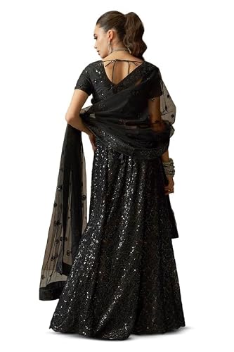 Soch Womens Black Net All-Over Sequin Embellished Unstitched Lehenga Set with Belt