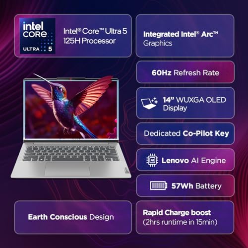 Lenovo IdeaPad Slim 5 Intel Core Ultra 5 125H Built-in AI 14" (35.5cm) WUXGA-OLED 400Nits Thin & Light Laptop (16GB/1TB SSD/Win 11/Office 21/FHD+IR Camera/Alexa/1Yr ADP Free/Grey/1.4Kg), 83DA003GIN