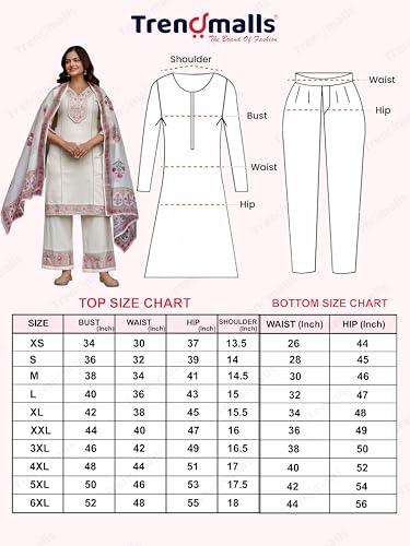 TRENDMALLS Women's Cotton Embroidery Kurta Pant with Dupatta Salwar Suit Set (G287-Offwhite-3XL-)