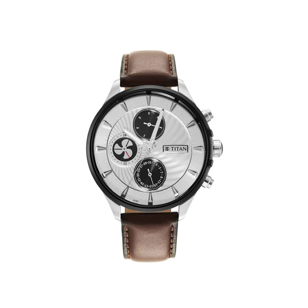 Titan Regalia Maritime White Dial Quartz Multifunction Leather Strap Watch for Men-NS1873KL01