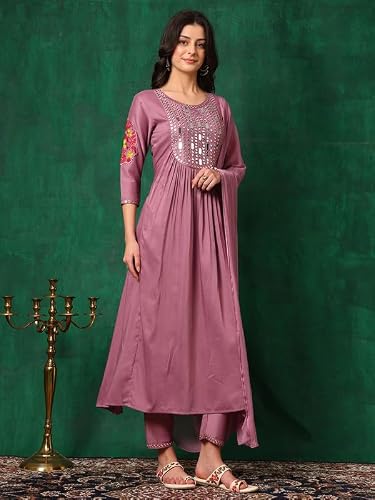 NIVANA Stylish Womens Mirror Embroidered Kurta with Pant & Embroidered Dupatta | Lightweight & Breathable | Ethnic Traditional Outfit for Womens & Girls (Lavender,2XL)