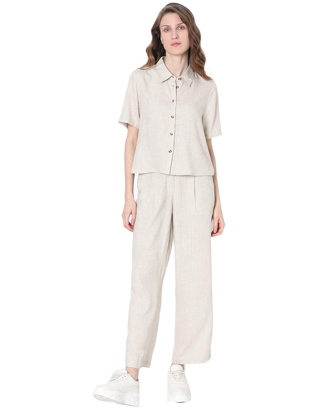 VERO MODA Women Solid Beige Viscose Regular Fit Shirt
