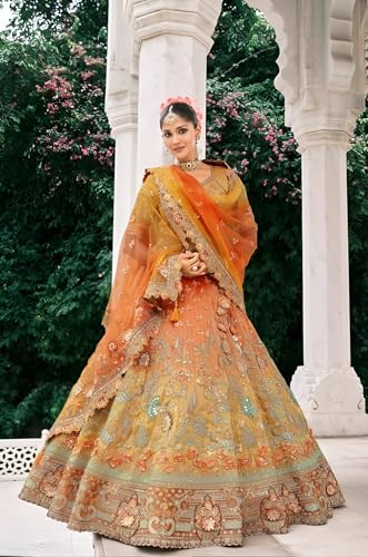 Designer Bridal Lehenga Choli Set, Orange and Gold Ombre with Floral Embroidery