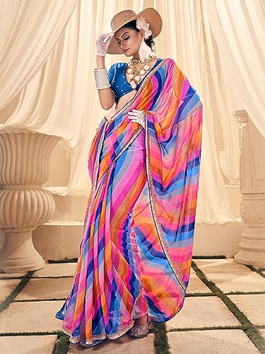 AKHILAM Women's Georgette Multicolored Embellished Designer Saree With Blouse Piece(SAWAN1004_SS)
