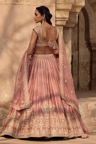 JIHU CULTURE Women’s Semi-Stitched Pink Fancy Silk Zari & Sequin Embroidered Lehenga Choli with Net Dupatta