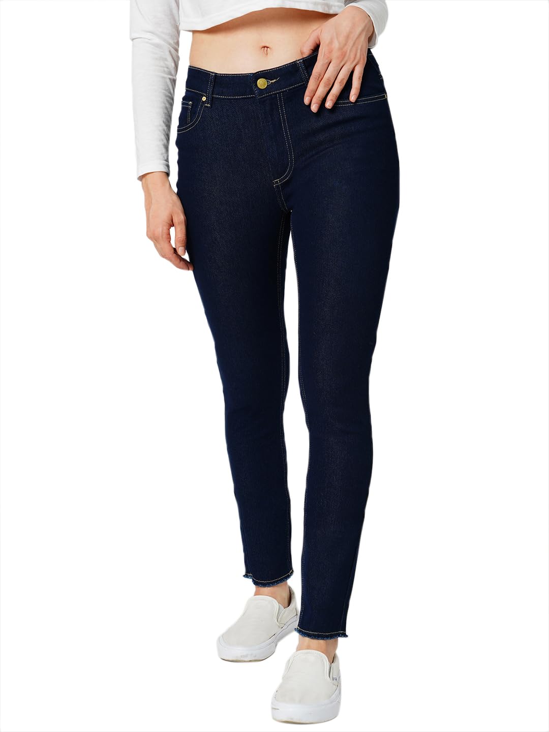 ONLY Women Solid Cotton Blend Skinny Fit Mid Rise Stretchable Dark Blue Jeans