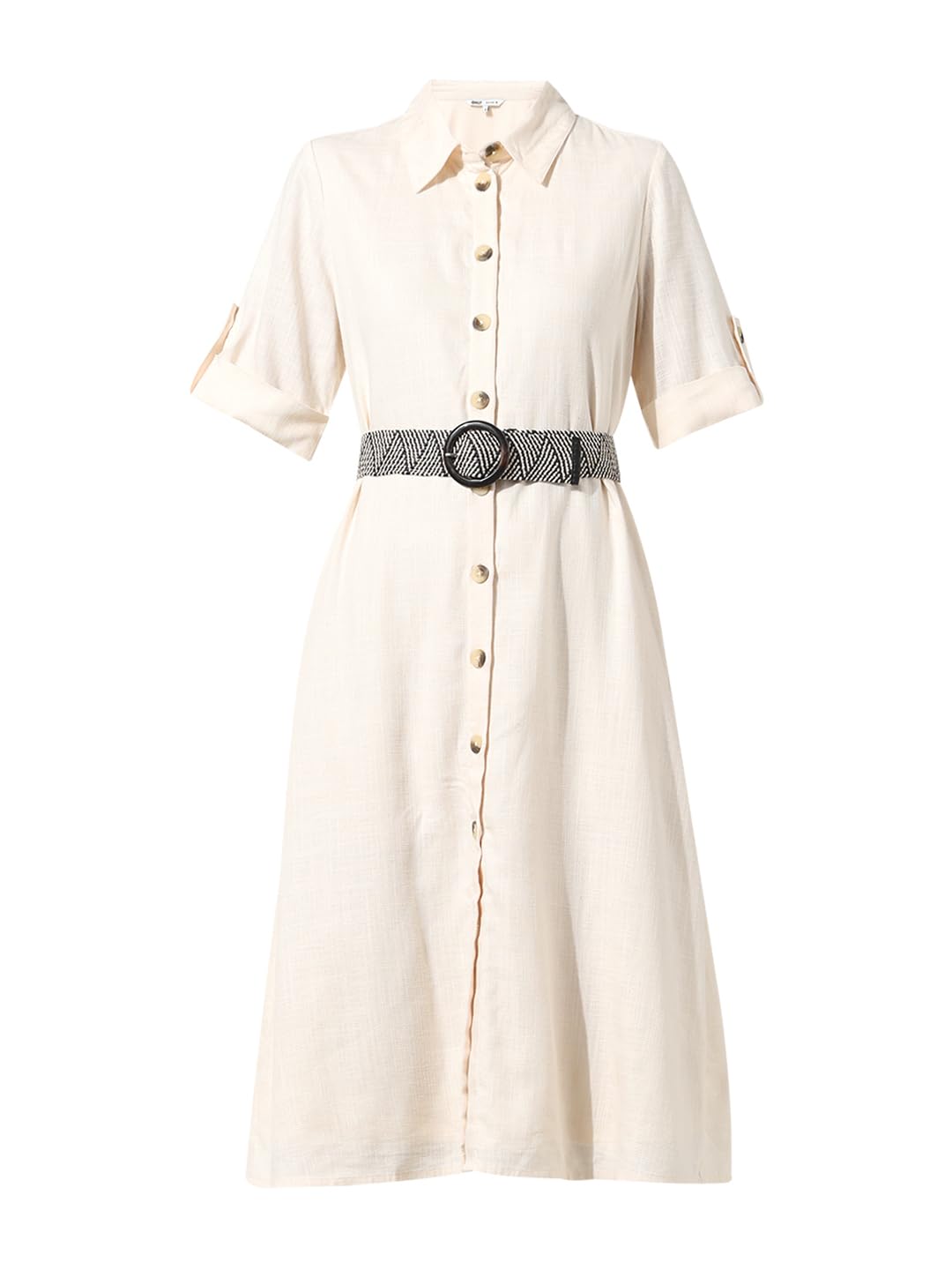 ONLY Women Solid Viscose Midi Cream Shirt Dress