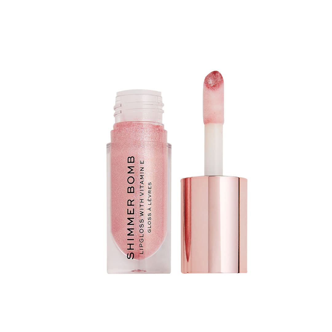 Makeup Revolution Rose Gold Lip Gloss for Women, Shimmer Bomb Lip Gloss - Glimmer Nude, Vitamin E for Extra Nourishment & Hydrating Lips, Rosehip Oil, Paraben Free, Shimmery & Sheer Formula - 4.5ml
