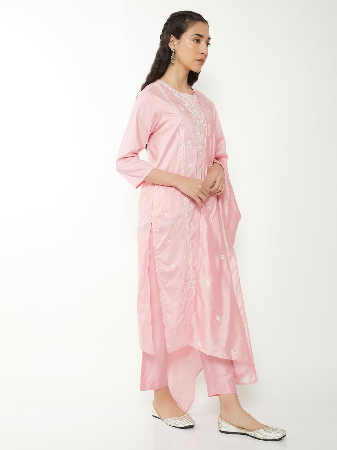 Max Women Embroidered Straight Kurts Set (Pink_XL)
