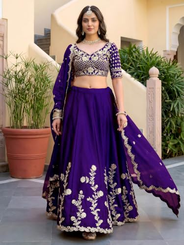 Zeel Clothing Women's Thread and Sequins Embroidered Work Silk Lehenga Choli With Dupatta (5135-Purple-Women-Lehenga-Choli-Latest; Free size) (Purple)