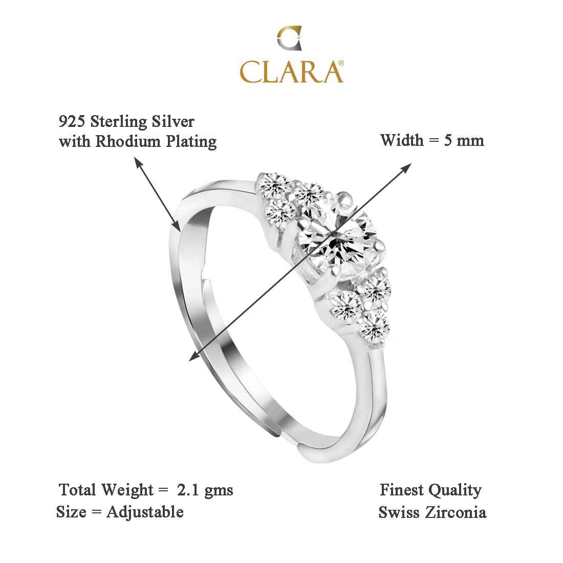CLARA 925 Sterling Silver Cute Ring with Adjustable Band | Rhodium Plated, Swiss Zirconia | Gift for Women & Girls