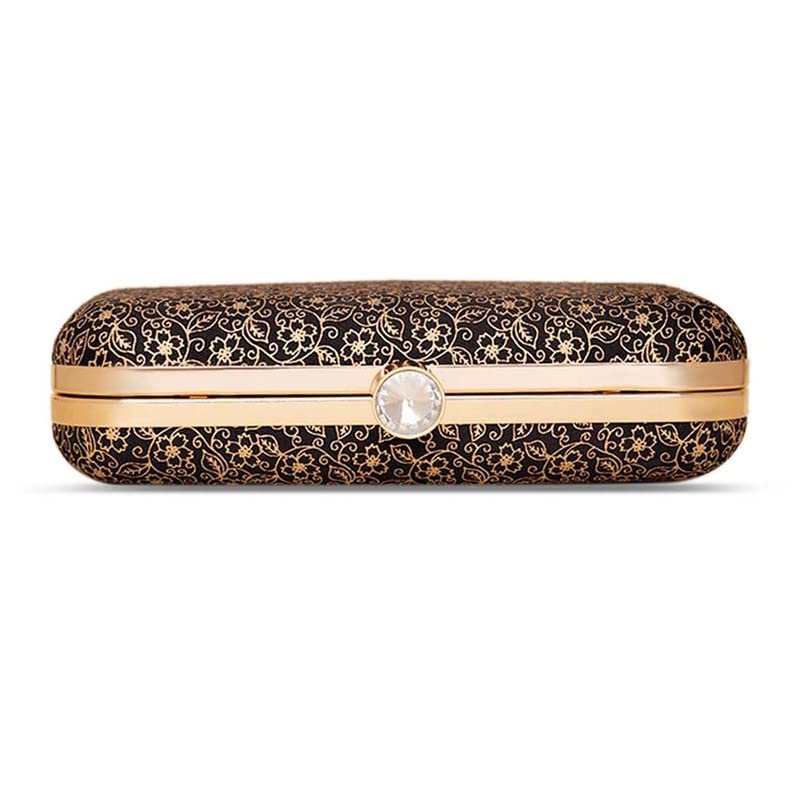 ZOUK Charminar Jaali Motif Printed Women's Mashru silk Black and Golden Clutch