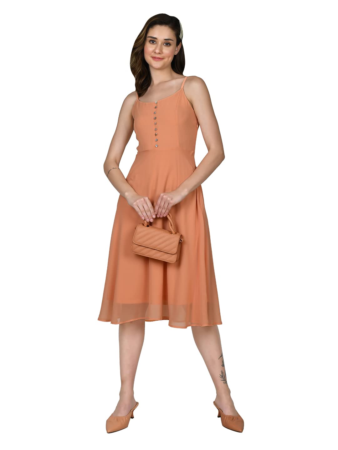 Zink London Women's Orange Solid A-Line Midi Dress