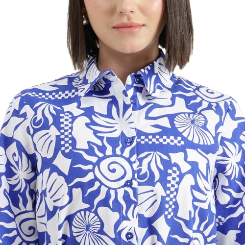 United Colors of Benetton Regular Fit Spread Collar Printed Dress (Size : XS) - 26P4WVNDR318I901 Blue