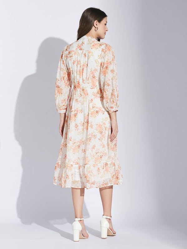 Latin Quarters Women Orange Tie-Up Neck 3/4 Sleeve Floral Dress_M