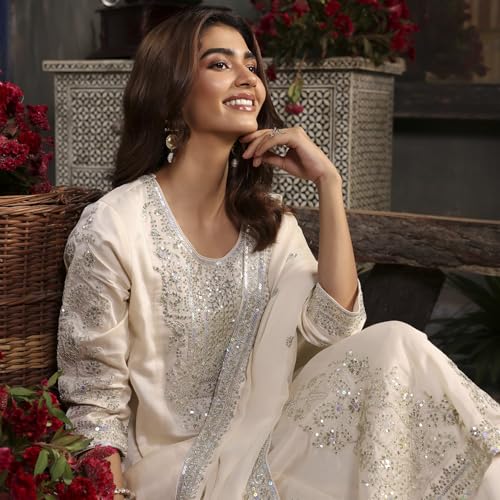 BIBA Women Off-White Cotton Silk Embroidered Kalidar Suit Set_42