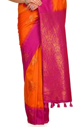 Soch Womens Orange Floral Zari Woven Design Silk Blend Saree With Tassels