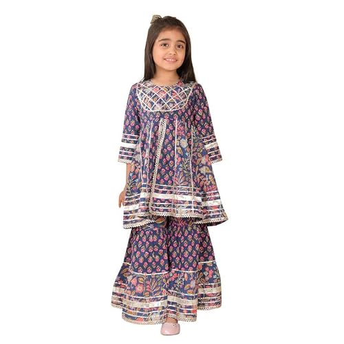 superminis Girls Cotton Floral Printed Gotta Work 3/4 Sleeves Flared Design Kurti & Sharara Set (2-3 Years, Navy Blue)