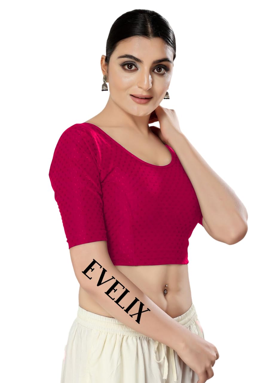 EVELIX Women's Readymade Dobby Cotton Lycra Stretchable Round Scoop Neck Half Sleeve Fancy Blouse for Women Designer Blouses for Saree, Choli, and Lehenga (34, Magenta Pink)