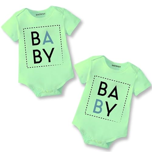 Knitroot Twins Special Romper, Unisex Baby Kids Twin Onesies, Half Sleeve Bottom Snap Button, Green Cotton Bodysuit, Sleepsuit, Baby, 9-12 Months, for Twin Baby Boys & Girls