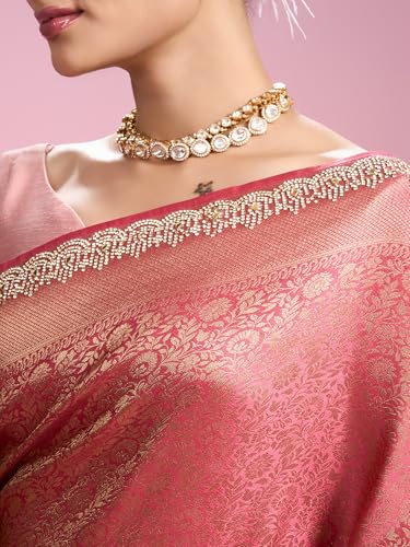 MOHEY Women's Art Silk Mirror Work, Stone Work, Weave Saree with Blouse Piece(Coral)