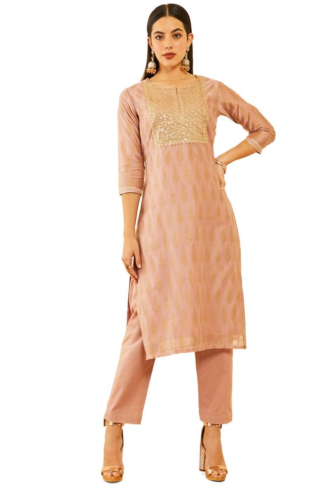 Soch Womens Onion Pink Chanderi Sequinned Embellished Printed Suit Set