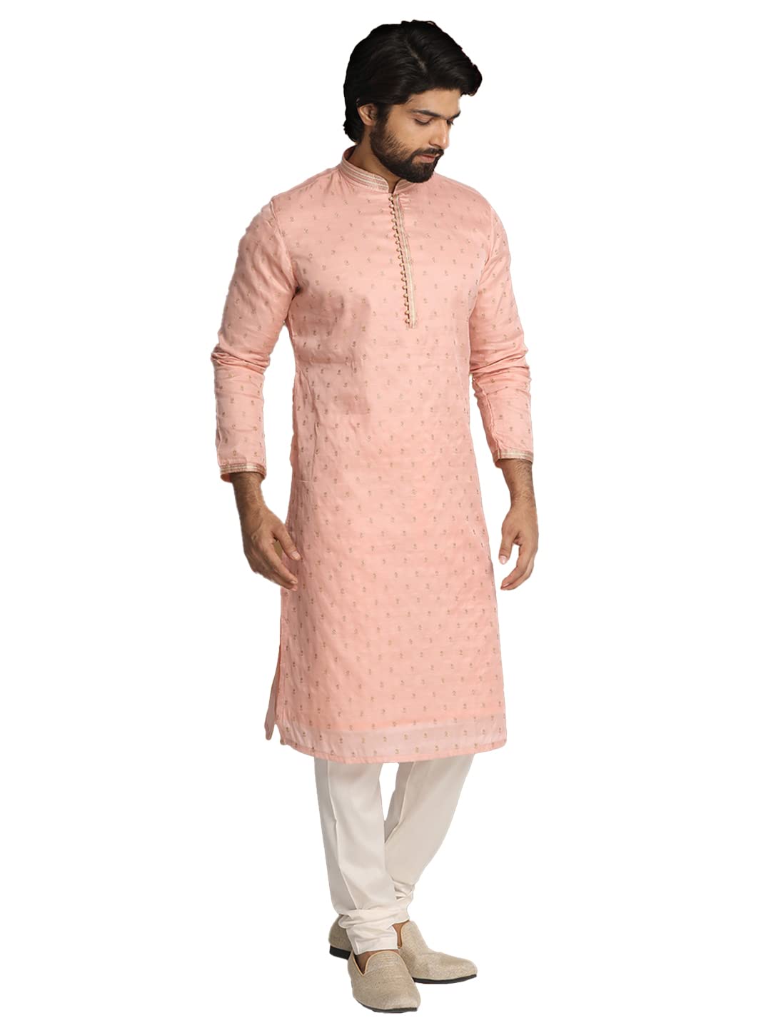 Manyavar Men's Kurta Set, Chanderi Silk Mandarin Collar Full Sleeve Kurte Set for Men Gajari (Medium)