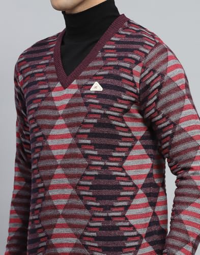 Monte Carlo Mens Striped Wine V Neck Full Sleeve Pullover (1243199VN-2-46)