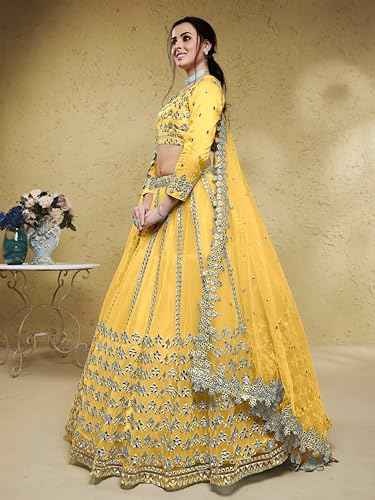Zeel Clothing Women's Foil Embroidered Net Lehenga Choli With Dupatta (5029-Yellow-Womens-Lehenga-Choli-Latest,Free size)