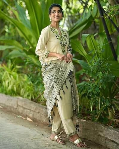 Kurthnic Women South Cotton Embroidered Kurta with Pant & Dupatta Green 4XL