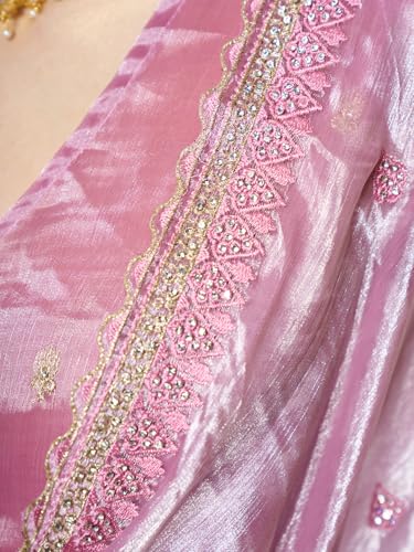 ORHANS Women's Organza Thread & Zari Embroidered Work Saree With Organza Matching Embroidered Work With Unstitched Blouse Piece