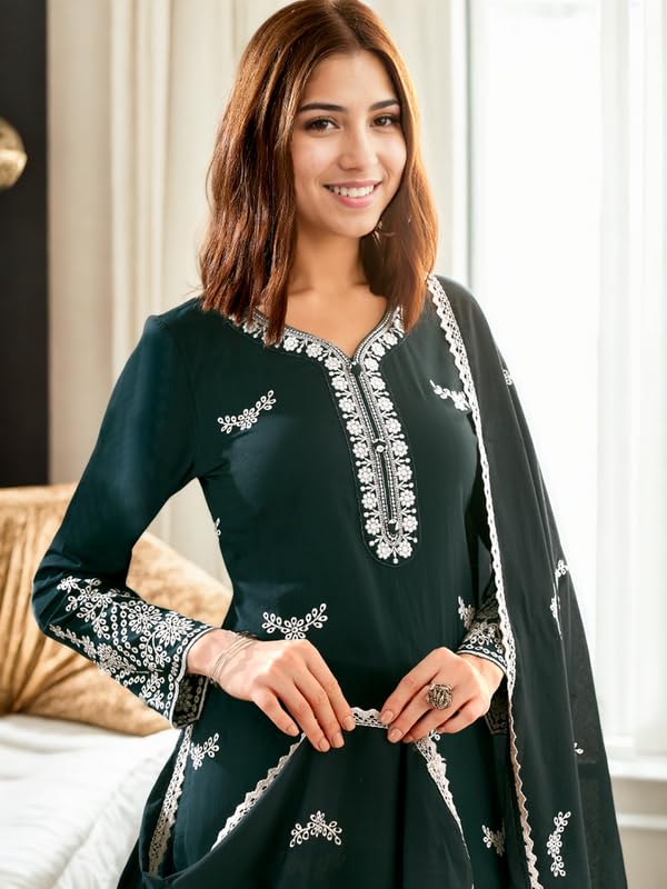 V4M Women's Embroidered Teal Blue Straight Pure Cotton Kurta Set