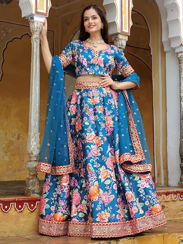 Zeel Clothing Women's Art Silk Digital Print With Dori, Sequins, And Stone Work Art Silk Semi Stitched Lehenga Choli With Dupatta (7515-Teal-Blue-Wedding-Floral-Lehenga-Choli; Free Size)