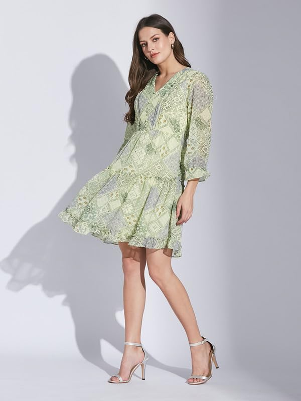 Latin Quarters Women Green V-Neck 3/4 Sleeve Printed Dress_M
