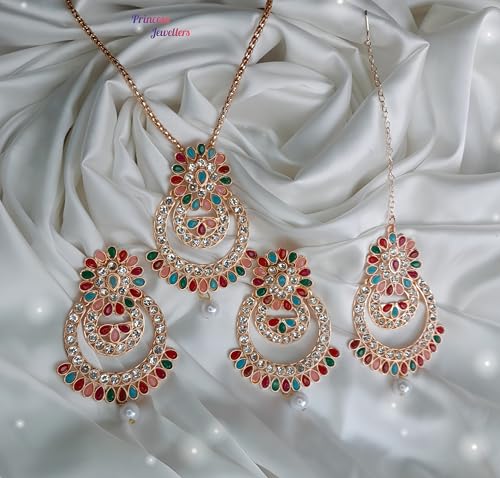 Silver Tone Traditional Necklace Set with Earrings & Maang Tikka for Women | Wedding, Festive and Ethnic Indian Jewellery Set (Multicolor - 2)