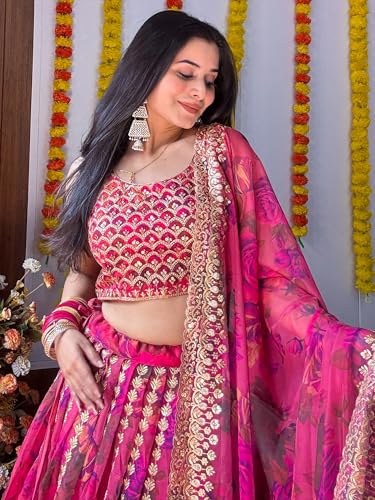 AG Clothing Women's Organza Semi Stitched Lehenga Choli With Dupatta | Floral Digital Print With Sequin Embroidery Pattern | Traditional, Wedding, Ethnic Wear Lehenga (ZC-7072-Pink)