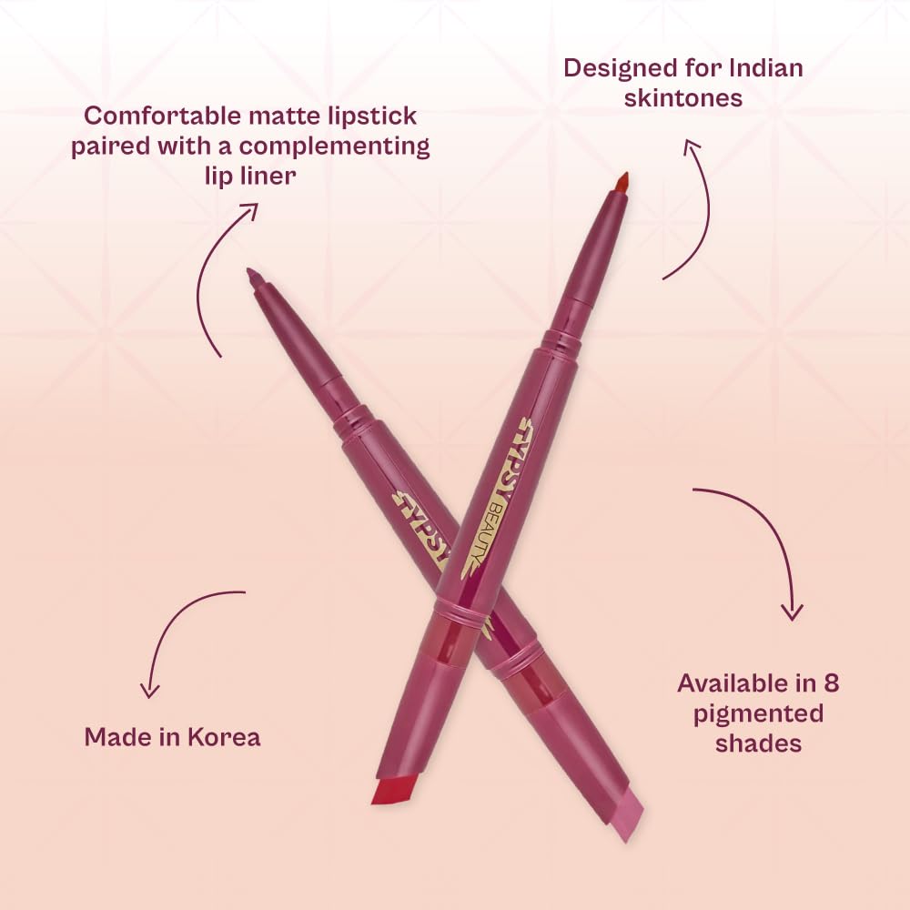 Typsy Beauty Twist & Pout Lipstick & Lip Liner I Lipstick with Matching Liner for Defined Lips I On Wednesdays | Matte Finish & Contoured Lip Effect I Hot Pink | Korea Made I Paraben Free 0.75 + 0.16g