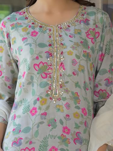 Divena Light Grey Floral Print Muslin Kurta Trouser with Dupatta