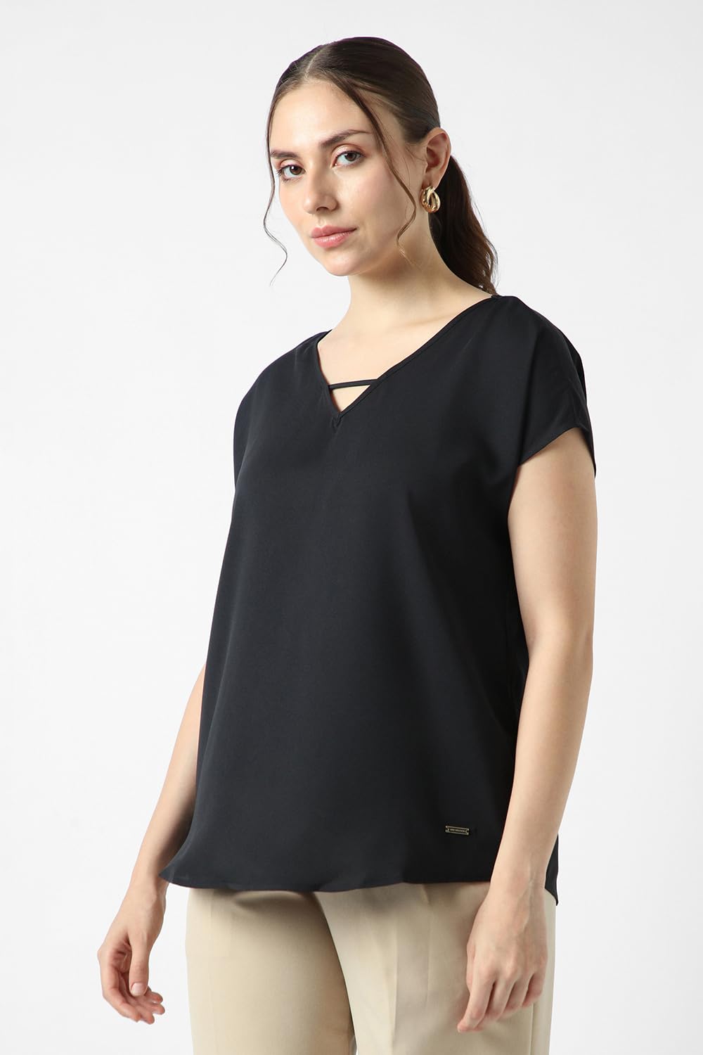 Women Black Solid Formal V Neck Top