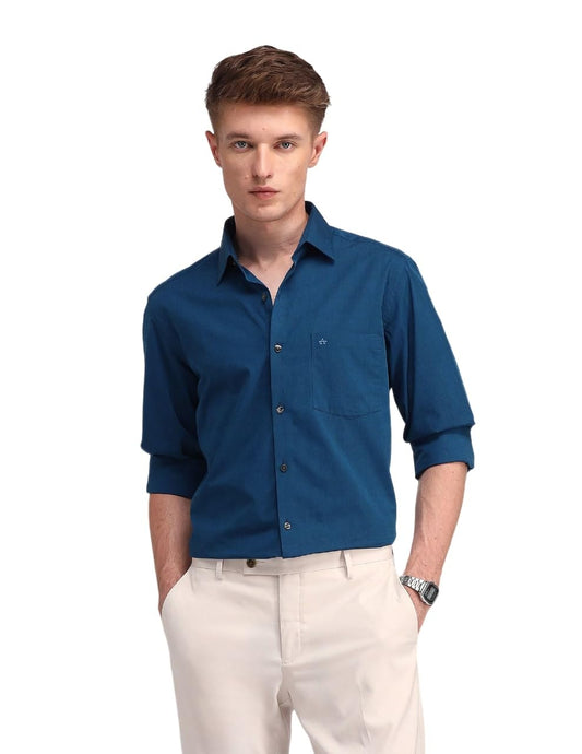 Arrow Men's Blue Solid - Cutaway Collar Full Sleeves Formal Shirt with Chest Pocket | Cotton Fabric | Slim Fit