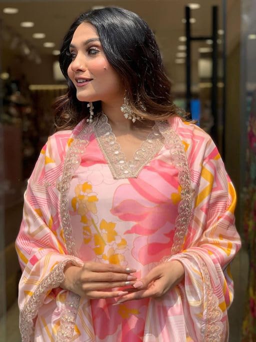 SHIENZY Women's Casual Cotton Blend Floral Printed V Neck Straight Traditional Suit Salwar with Dupatta || Matching Kurta Pant Sets || Festive Ethnicwear (1501SHZ_PNK_XL) Red