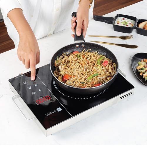 Cello Induction Cooker Blazing 800+ Infra Ceramic Plate 2200 Watt Induction Cooktop with BBQ Grill, Soft Touch Button with Crystal Glass (Black)